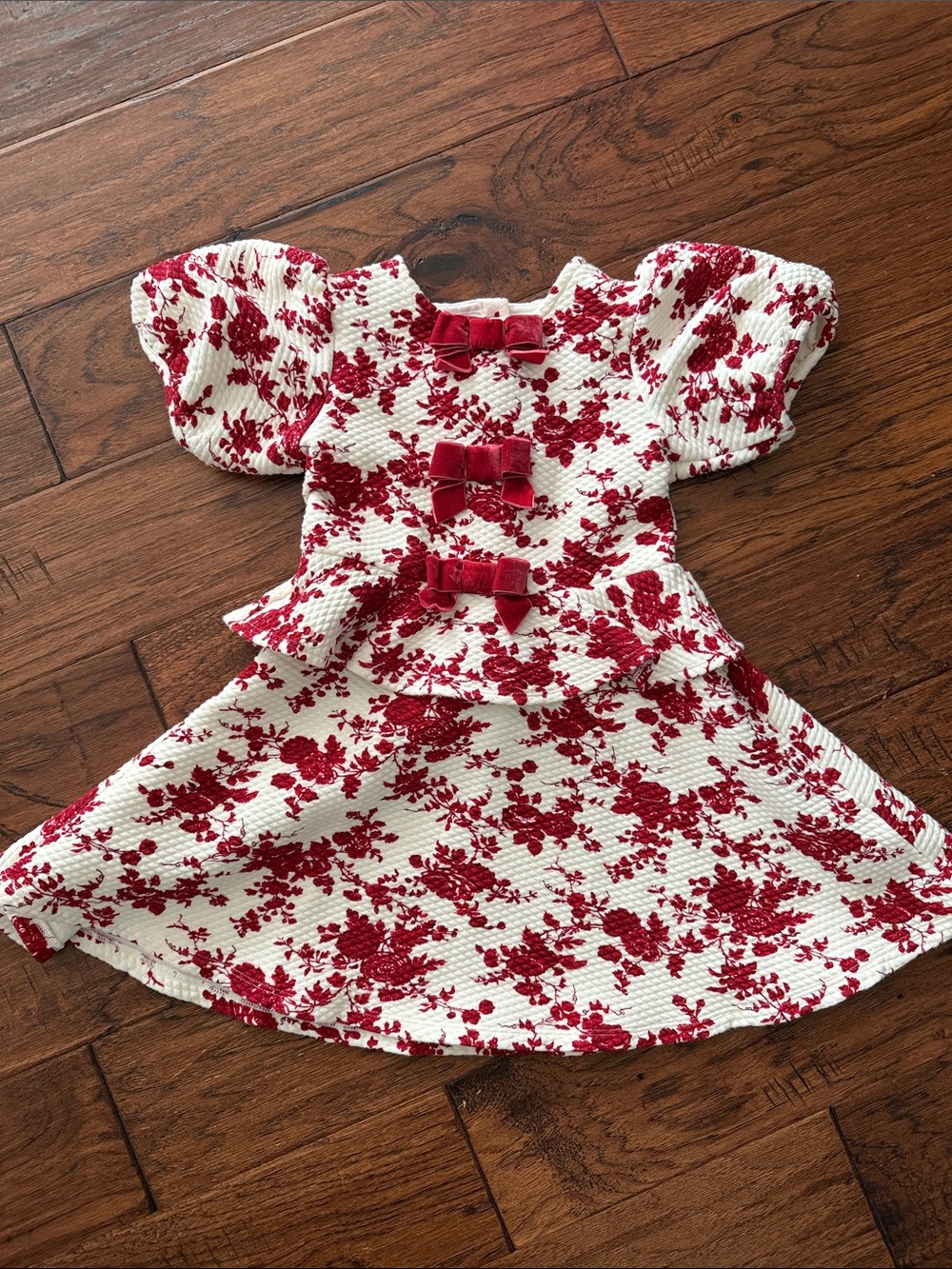 Janie and Jack Dress with Red Floral Print & Velvet Bows - holiday or Christmas